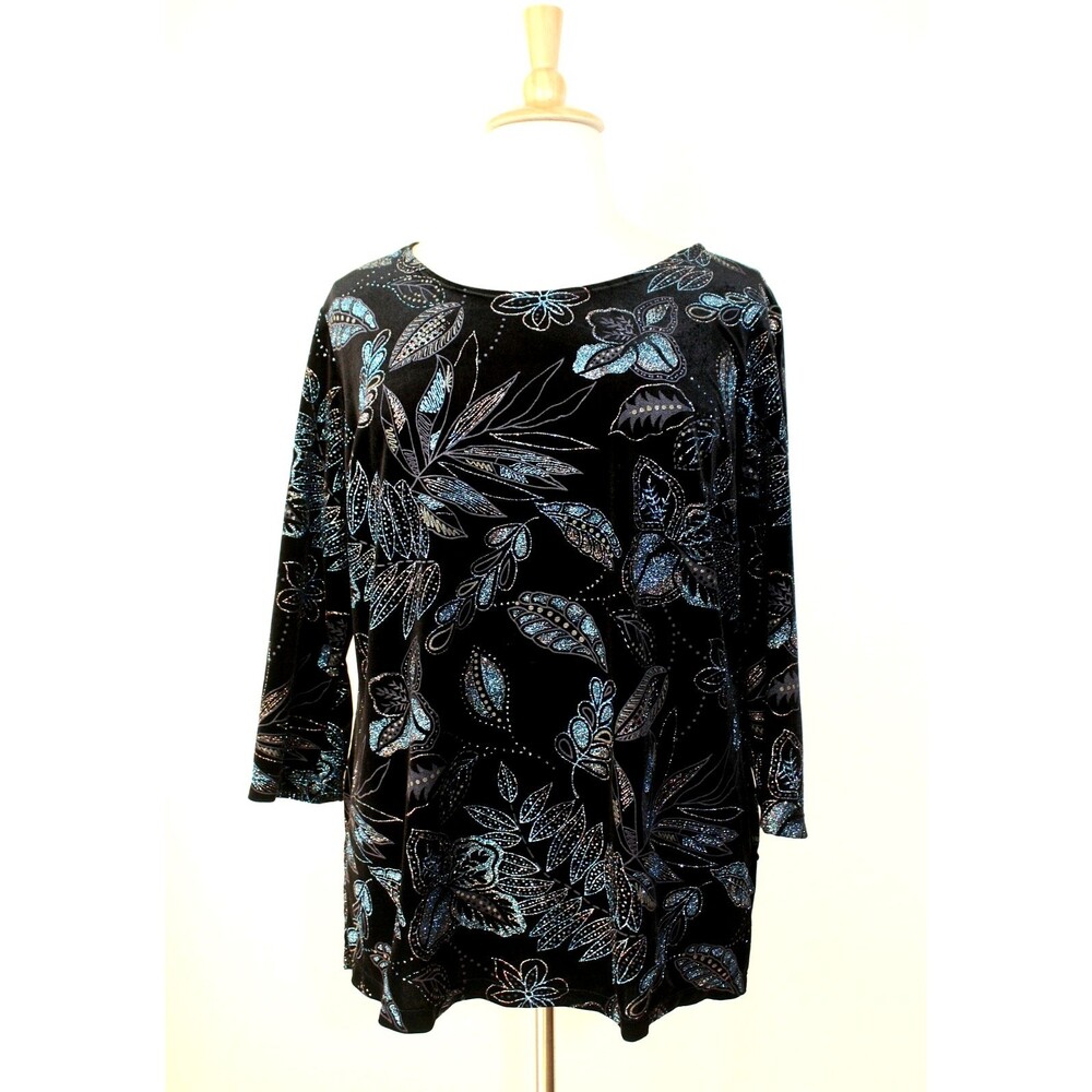 Dark Romantic Whimsigoth NOTATIONS Top Tunic Sz. 1X Black Sparkling Floral #04